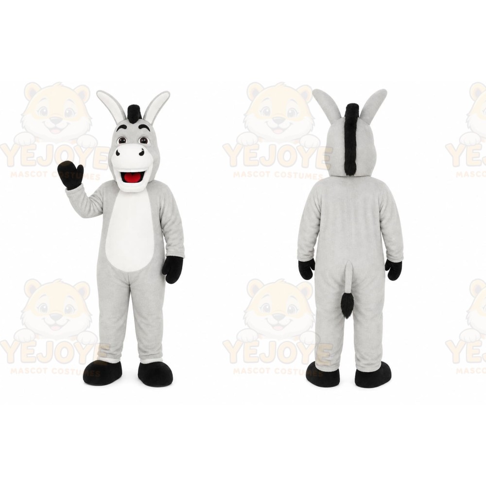 Gray Donkey Mascot Costume with Custom Logo