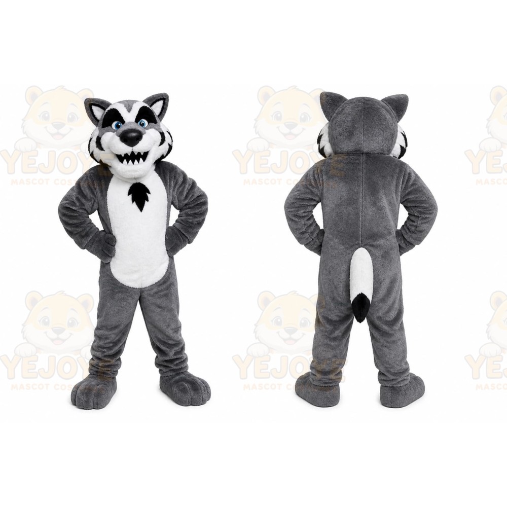 Gray Wolf Mascot Costume with Custom Logo