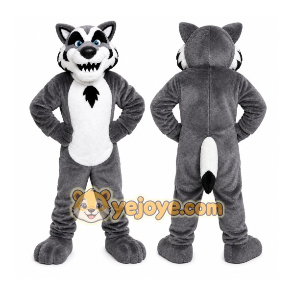 Gray Wolf Mascot Costume with Custom Logo