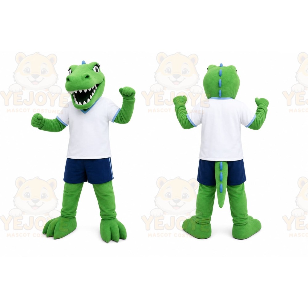 Green Dinosaur Mascot Costume with Custom Logo