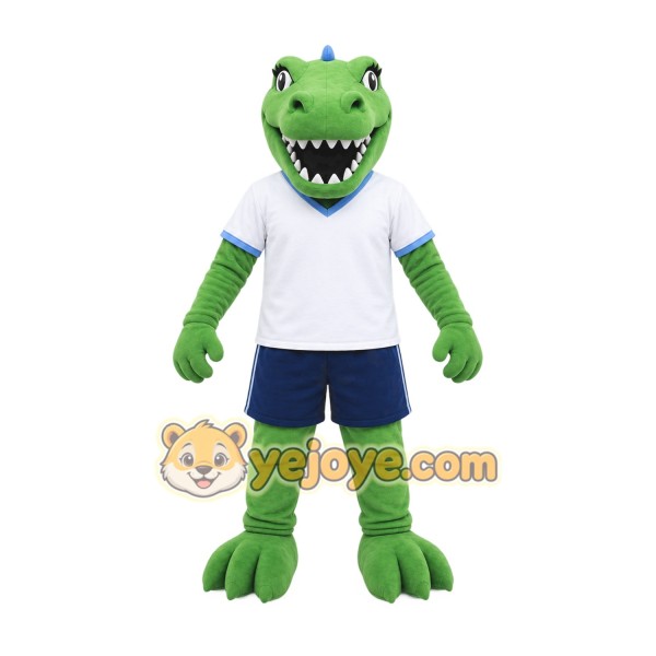 Green Dinosaur Mascot Costume with Custom Logo
