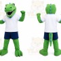 Green Dinosaur Mascot Costume with Custom Logo