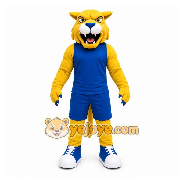 Yellow Cougar Mascot Costume with Custom Logo