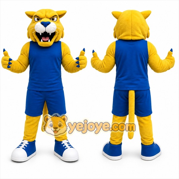 Yellow Cougar Mascot Costume with Custom Logo