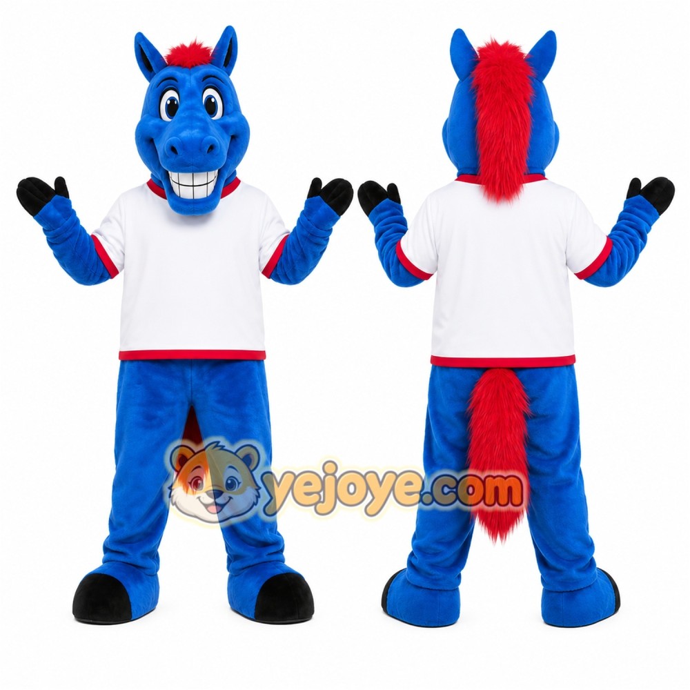 Blue Horse Mascot Costume with Custom Logo