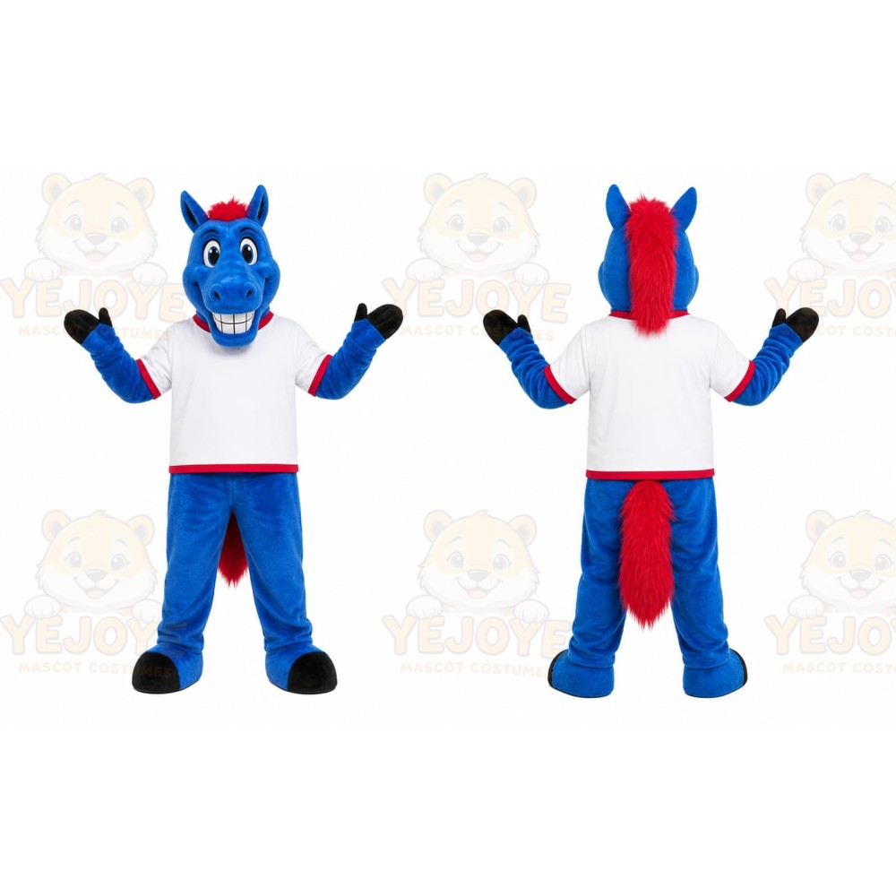 Blue Horse Mascot Costume with Custom Logo