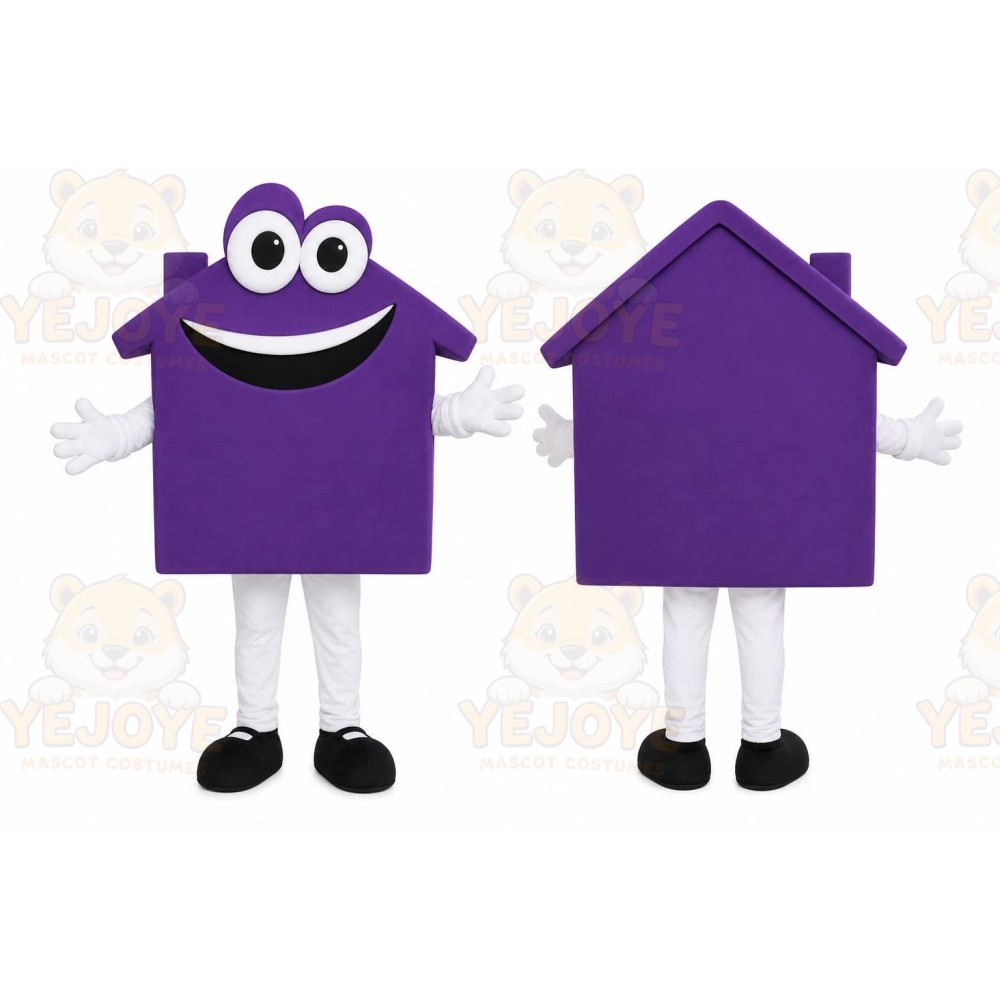 Purple House Mascot Costume with Custom Logo