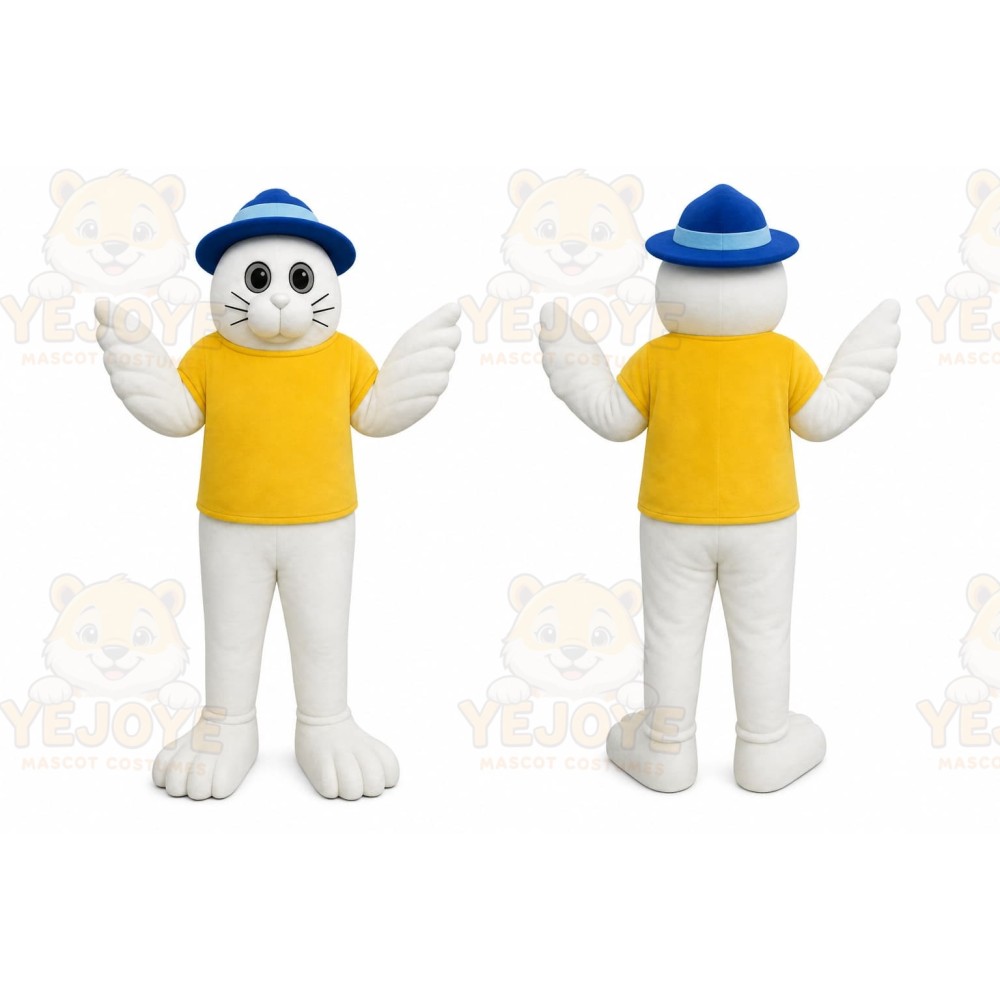 White Cat Mascot Costume with Custom Logo