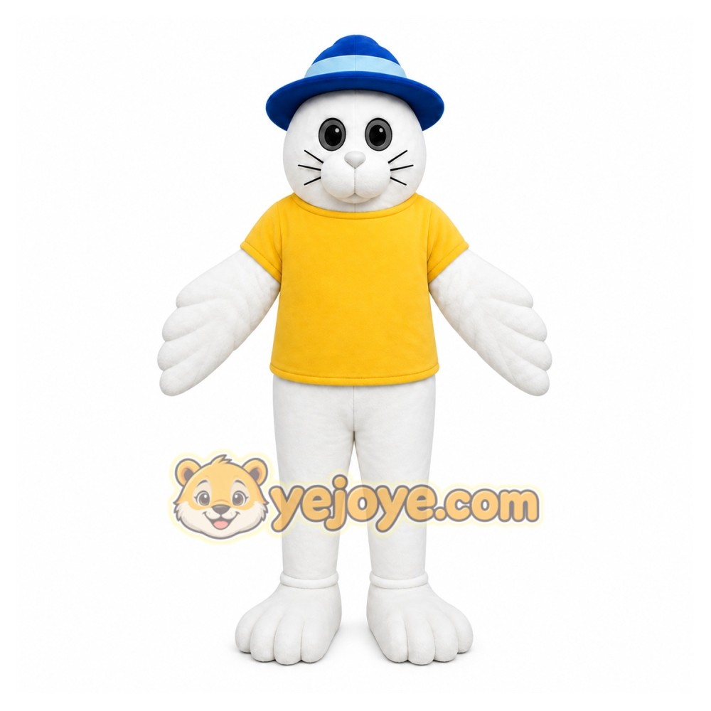 White Cat Mascot Costume with Custom Logo