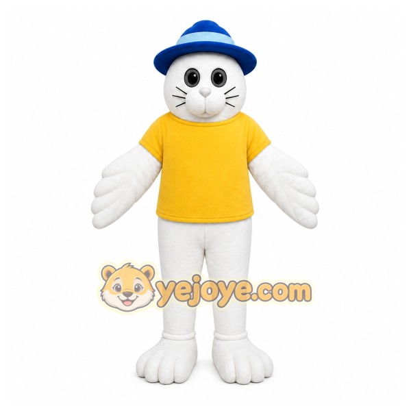 White Cat Mascot Costume with Custom Logo White Cat Mascot Costume with Custom Logo