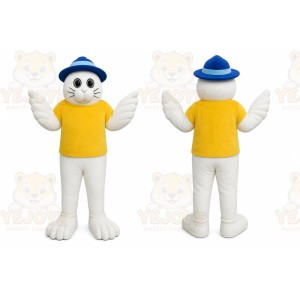 White Cat Mascot Costume with Custom Logo