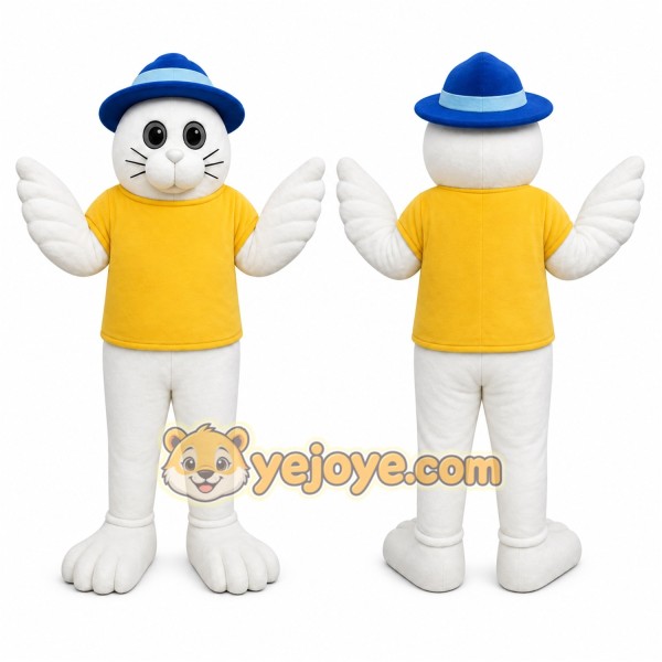 White Cat Mascot Costume with Custom Logo