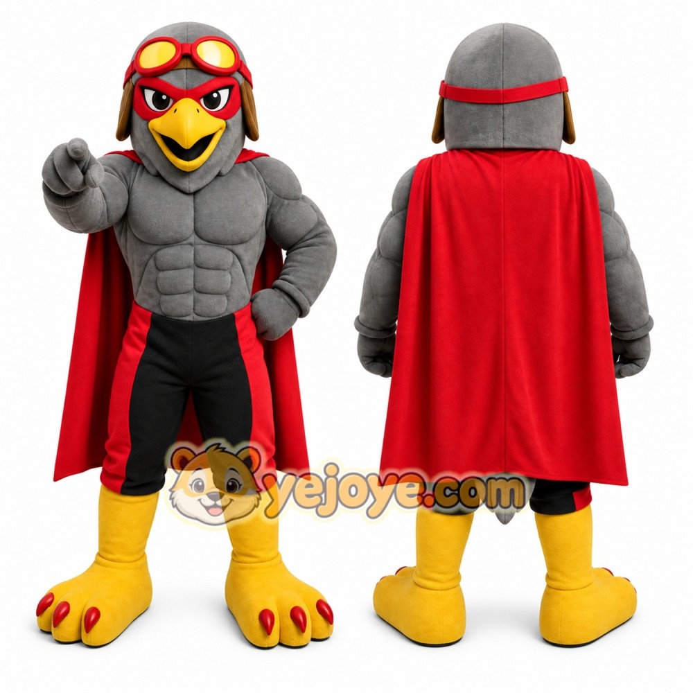 Gray Superhero Bird Mascot Costume with Custom Logo Gray Superhero Bird Mascot Costume with Custom Logo