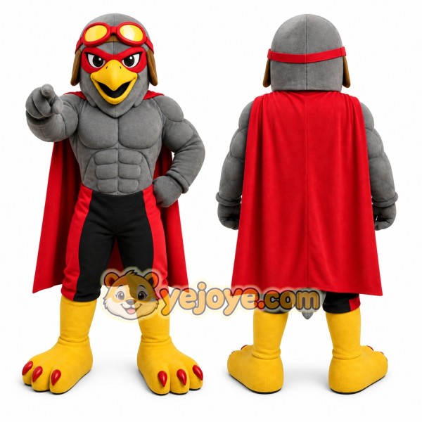 Gray Superhero Bird Mascot Costume with Custom Logo