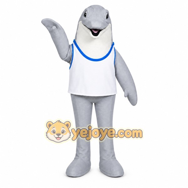 Gray Dolphin Mascot Costume with Custom Logo