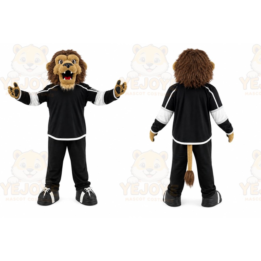 Black Lion Mascot Costume with Custom Logo