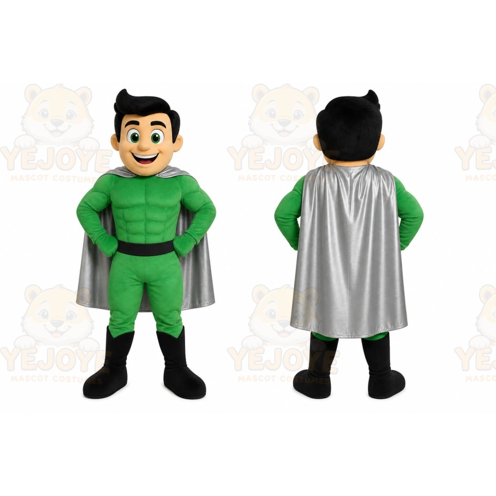 Green Superhero Mascot Costume with Custom Logo