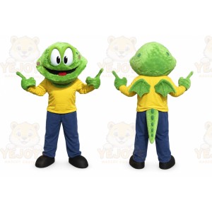 Green Dragon Mascot Costume with Custom Logo