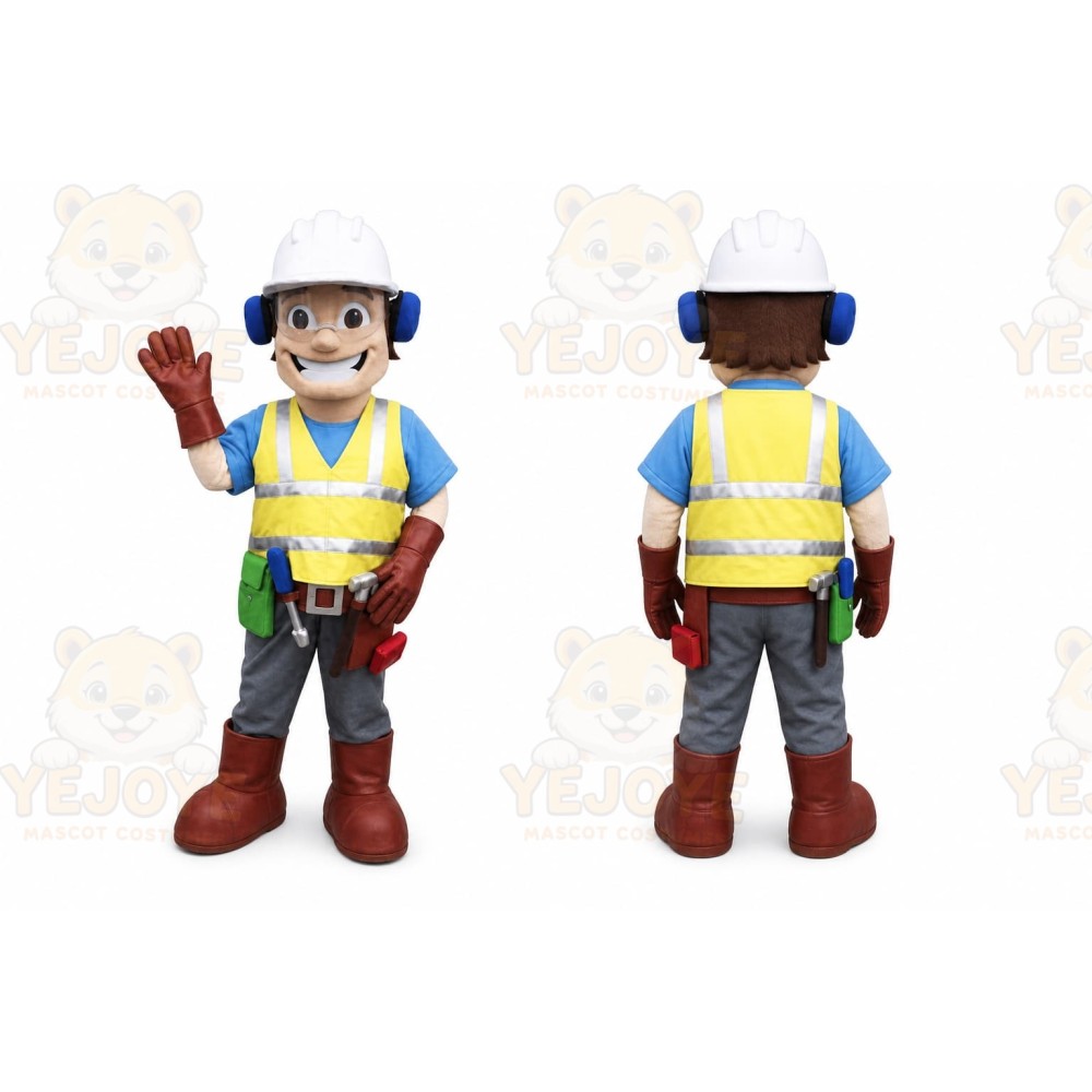 Yellow Construction Worker Mascot Costume with Custom Logo