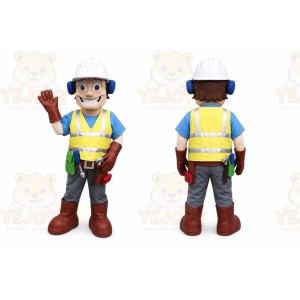 Yellow Construction Worker Mascot Costume with Custom Logo