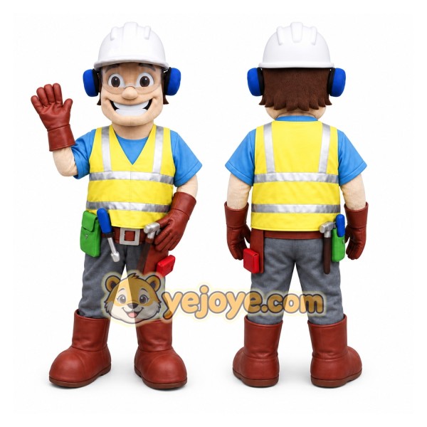 Yellow Construction Worker Mascot Costume with Custom Logo