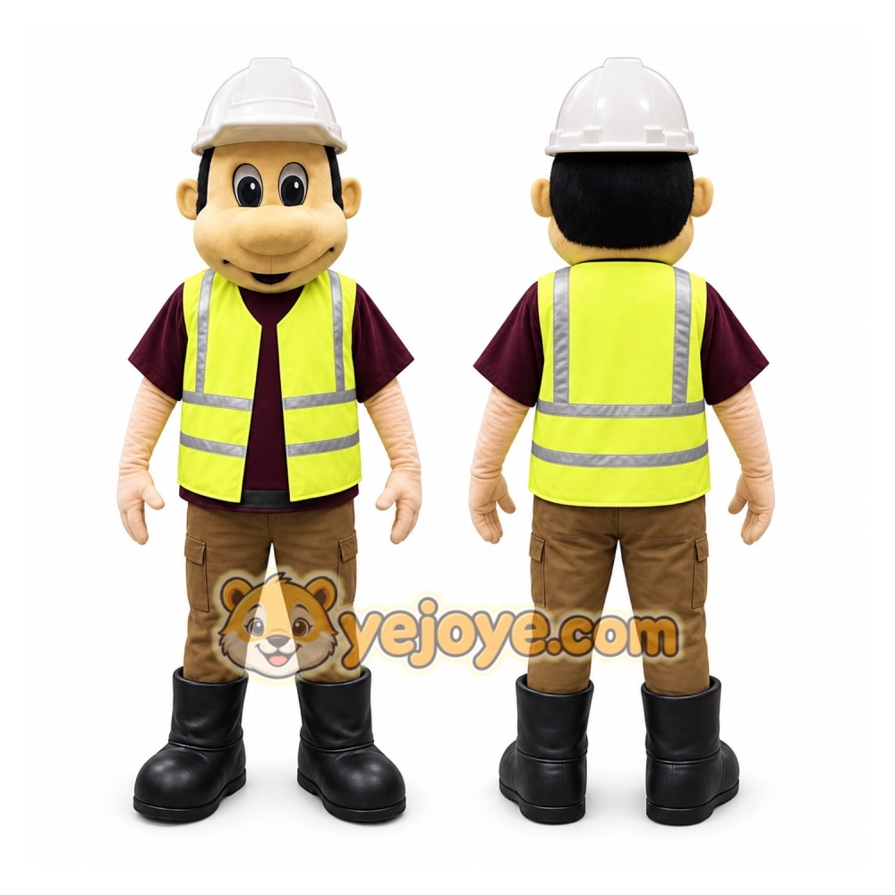 Yellow Construction Worker Mascot Costume with Custom Logo Yellow Construction Worker Mascot Costume with Custom Logo