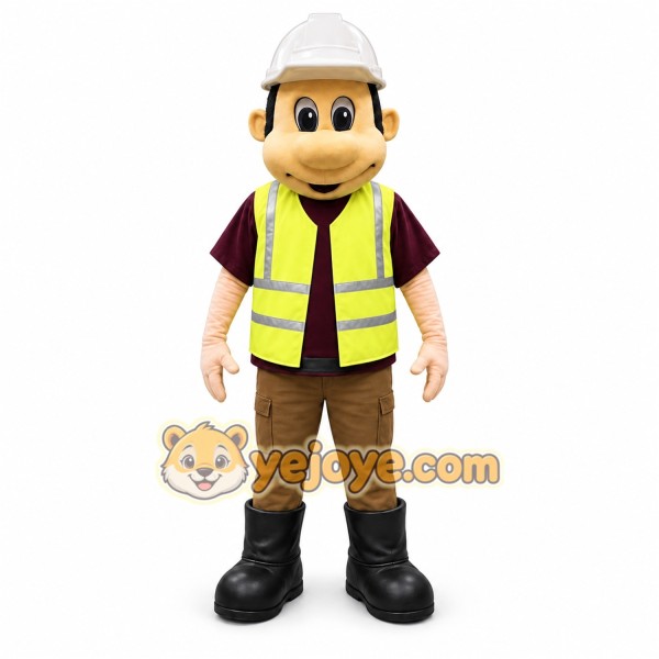 Yellow Construction Worker Mascot Costume with Custom Logo
