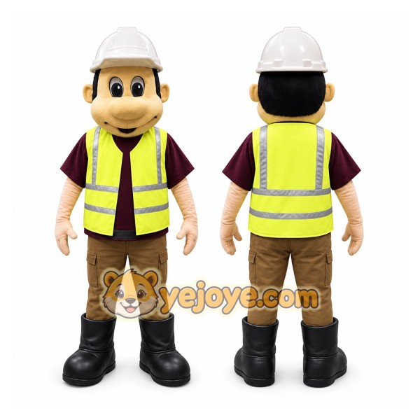 Yellow Construction Worker Mascot Costume with Custom Logo