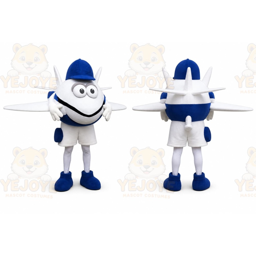 Blue Airplane Mascot Costume with Custom Logo