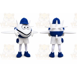 Blue Airplane Mascot Costume with Custom Logo