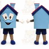 Blue House Mascot Costume with Custom Logo