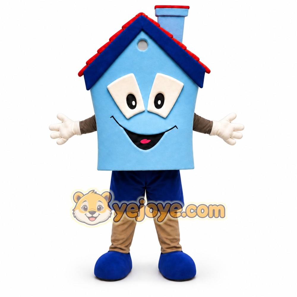 Blue House Mascot Costume with Custom Logo Blue House Mascot Costume with Custom Logo