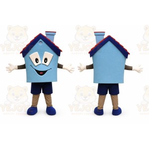 Blue House Mascot Costume with Custom Logo