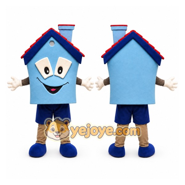 Blue House Mascot Costume with Custom Logo