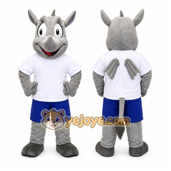 Gray Rhino Mascot Costume with Custom Logo