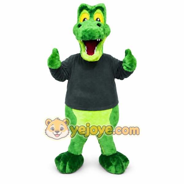 Green Dinosaur Mascot Costume with Custom Logo