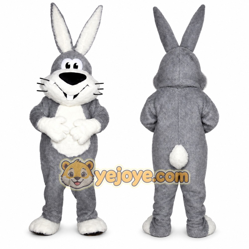 Gray Rabbit Mascot Costume with Custom Logo