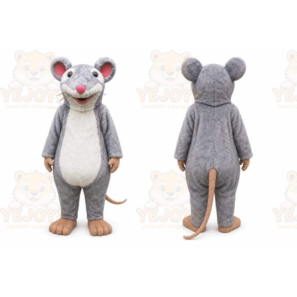 Gray Mouse Mascot Costume with Custom Logo