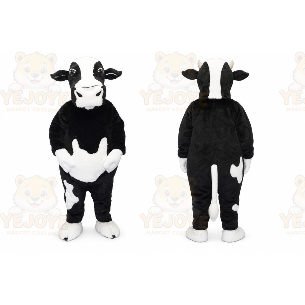 Black Cow Mascot Costume with Custom Logo