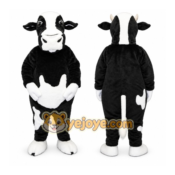 Black Cow Mascot Costume with Custom Logo