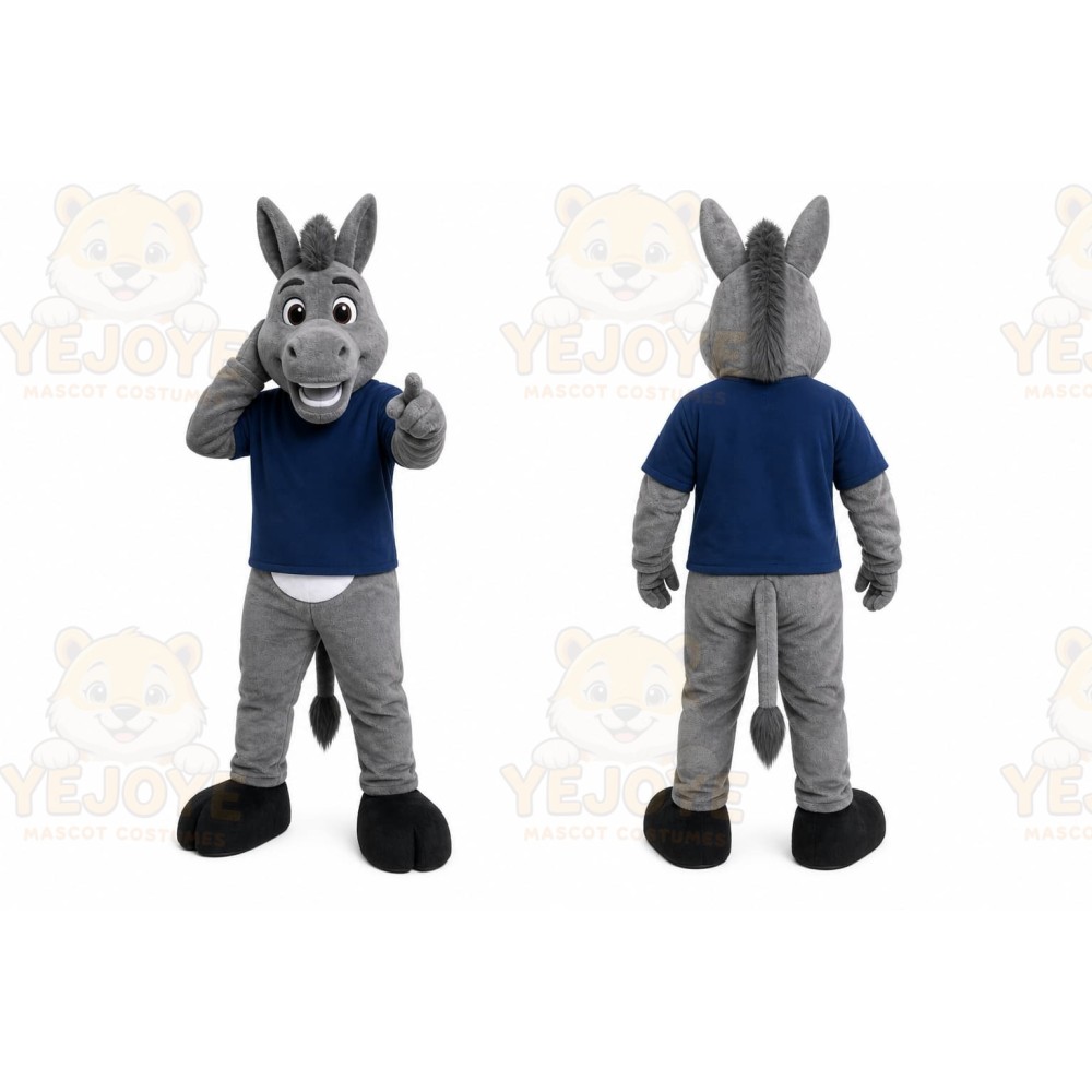 Gray Donkey Mascot Costume with Custom Logo