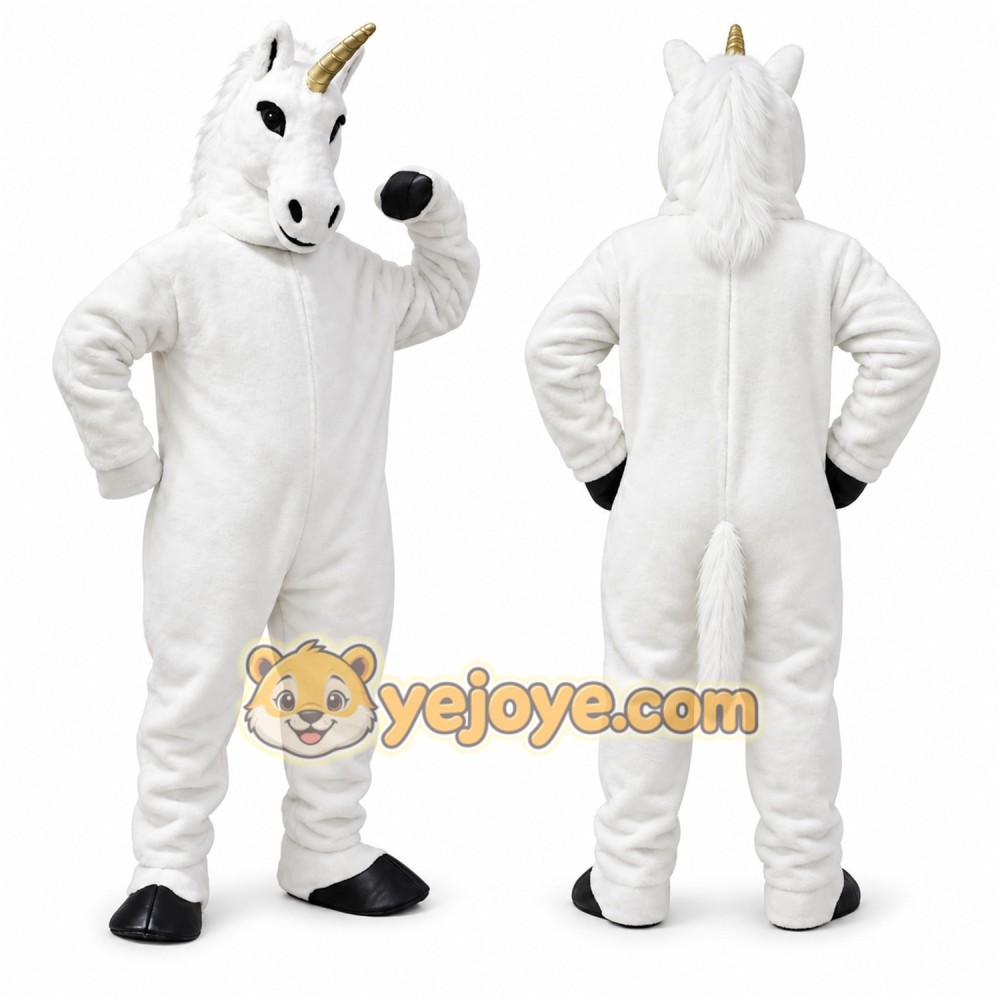 White Unicorn Mascot Costume with Custom Logo