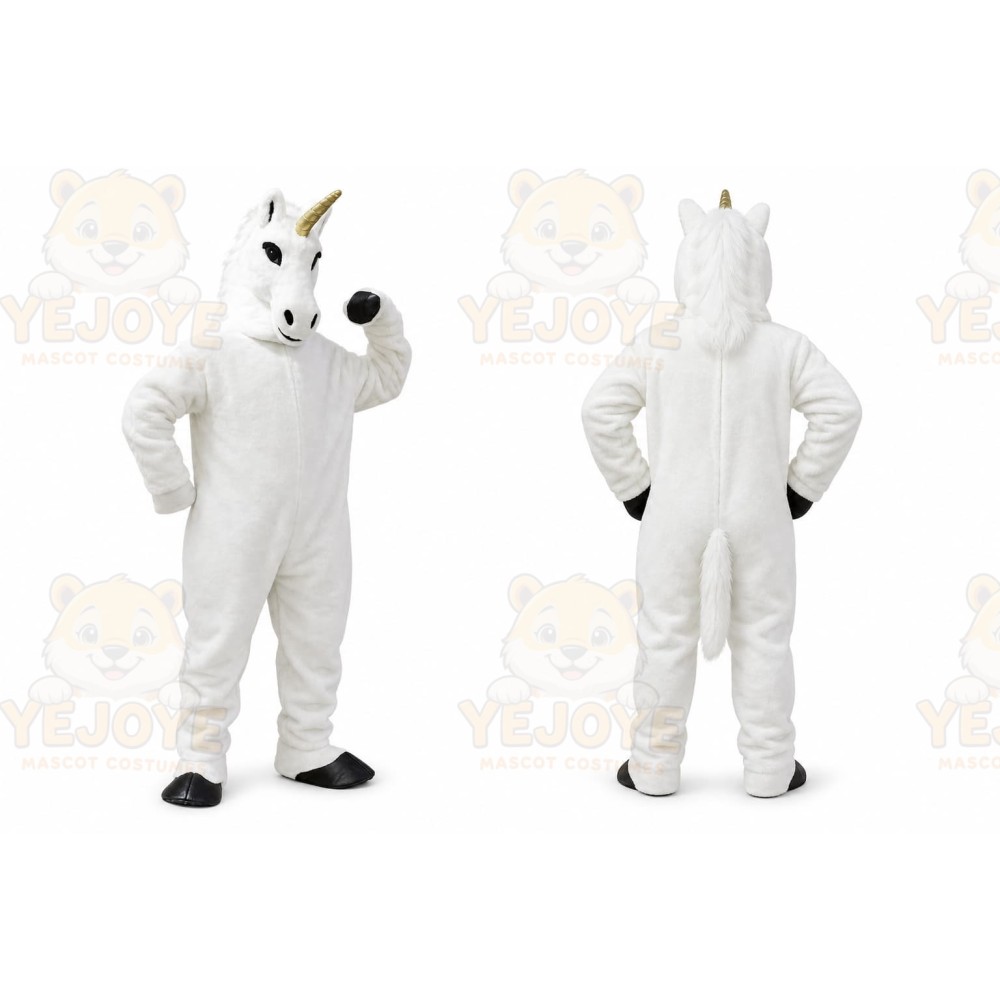 White Unicorn Mascot Costume with Custom Logo