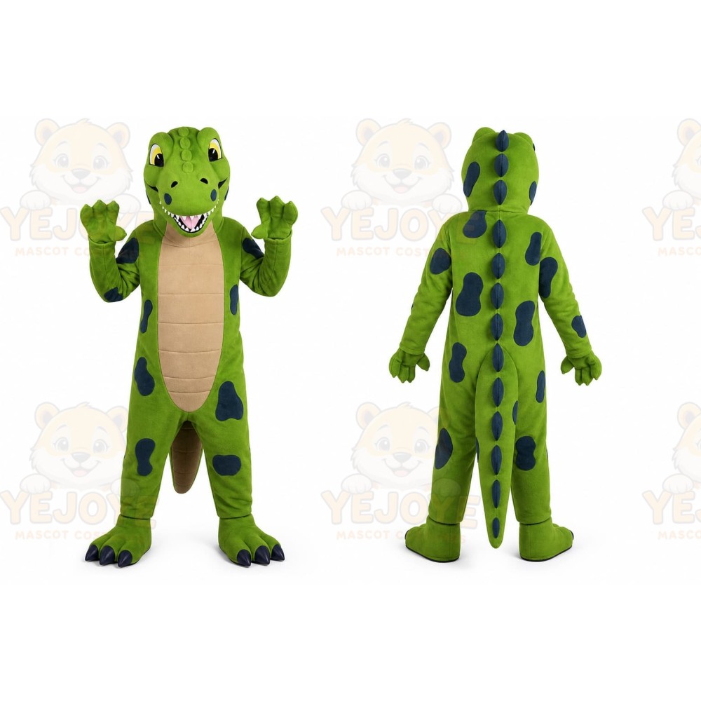 Green Dinosaur Mascot Costume with Custom Logo