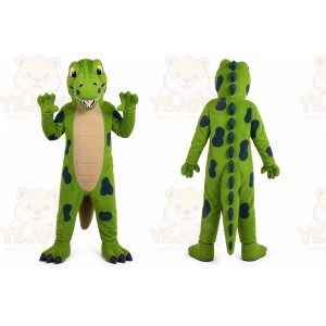 Green Dinosaur Mascot Costume with Custom Logo
