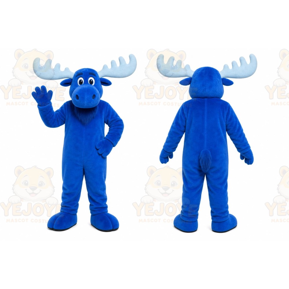 Blue Moose Mascot Costume with Custom Logo