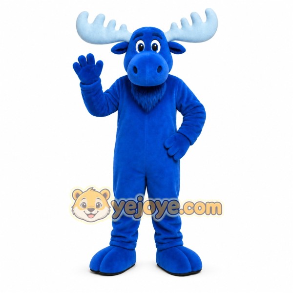 Blue Moose Mascot Costume with Custom Logo