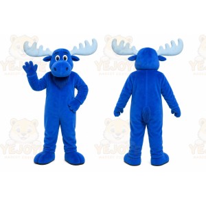 Blue Moose Mascot Costume with Custom Logo