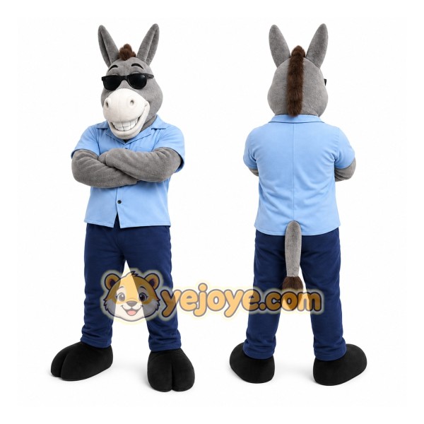 Gray Donkey Mascot Costume with Custom Logo