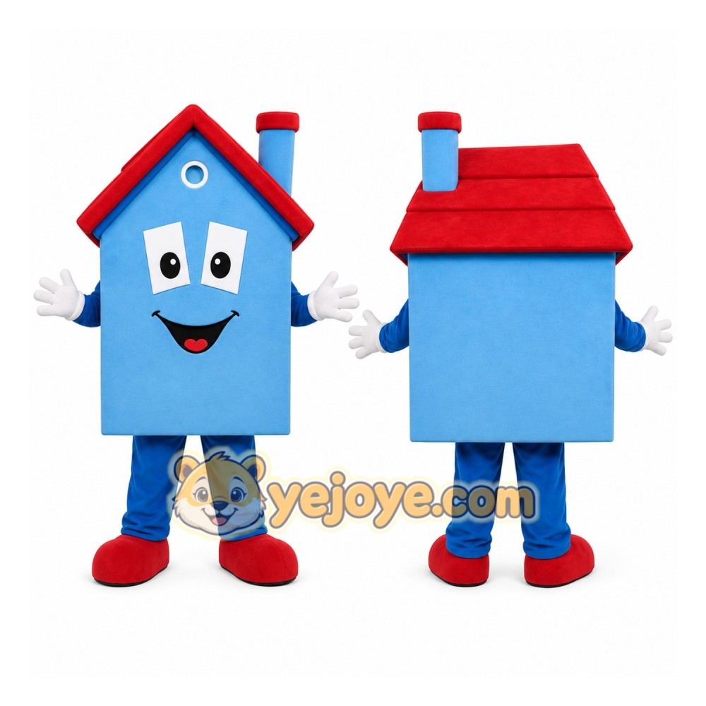 Blue House Mascot Costume with Custom Logo Blue House Mascot Costume with Custom Logo